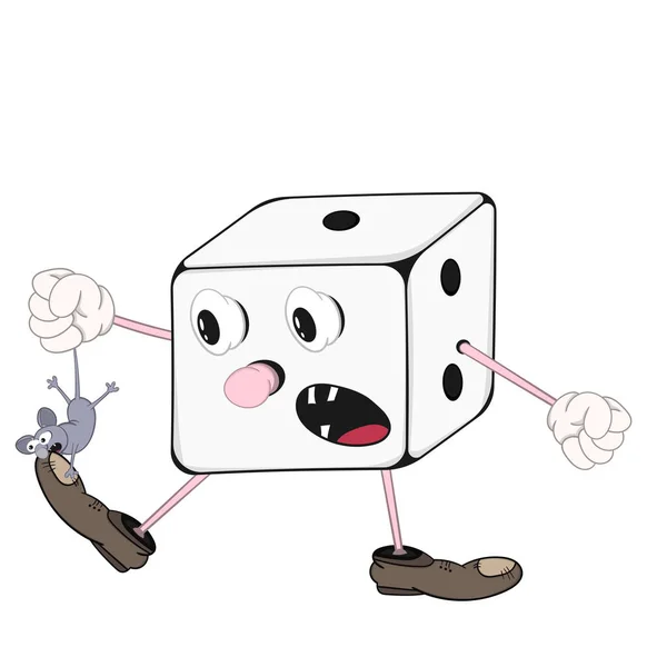 Engraçado jogo de dados de desenhos animados com olhos, braços e pernas segurando um pequeno mouse em sua mão que morde o sapato — Vetor de Stock