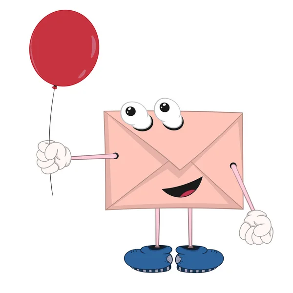 gözler, bacaklar ve eller kırmızı bir balon tutarak ve gülümseyen komik karikatür zarf