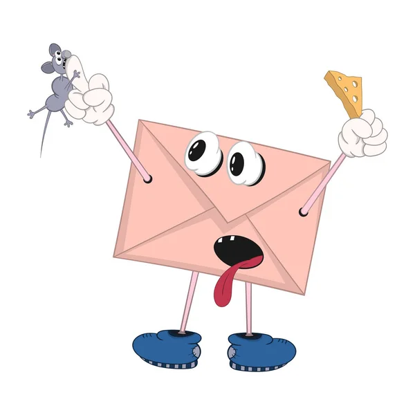 Funny Cartoon kuvert med ögon, ben och händer rymmer ost i ena handen och en mus i den andra handen, som biter fingret — Stock vektor