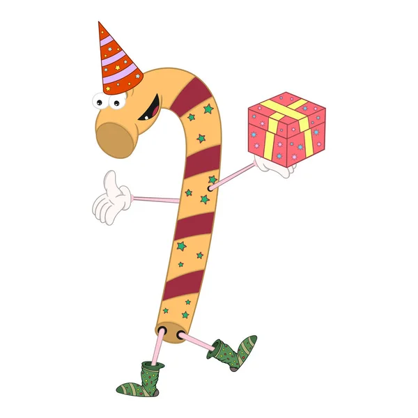 O doce de Natal em meias verdes e um gorro festivo mantém uma caixa de presente. Estilo de quadrinhos animados alegres com contorno. Ilustração decorativa para seus cartões de felicitações, cartazes, remendos e estampas para roupas , — Vetor de Stock