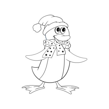 Atkı lı penguen ve Noel şapkası. Çizgi roman tarzında komik boyama.