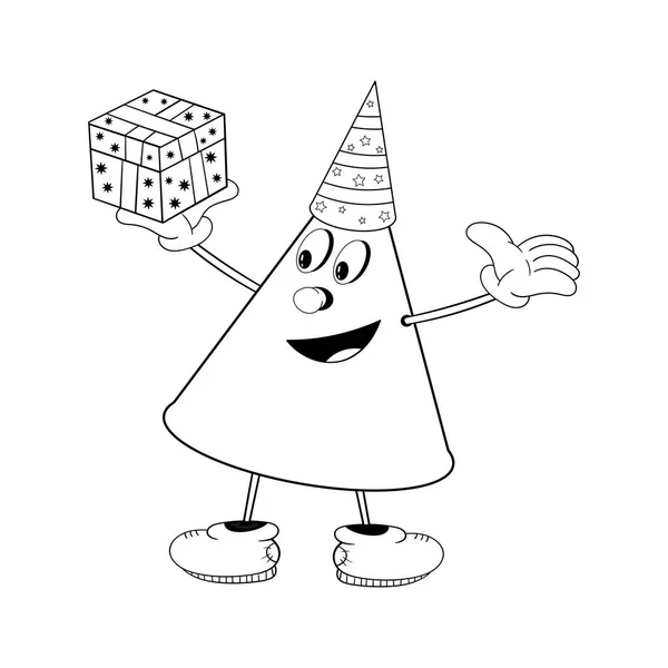 Un cono divertente con un cappello festivo tiene in mano una scatola regalo e sorride. Colorazione divertente nello stile dei fumetti . — Vettoriale Stock