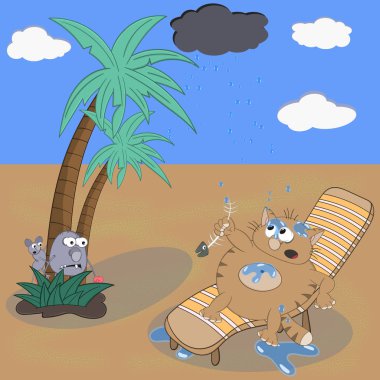 çölde tatilde komik karikatür kedi bir kanepede oturur, bir balık yiyor ve yağmurda ıslak alır.