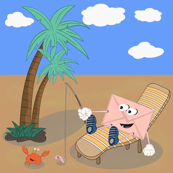 Un divertido sobre de dibujos animados de vacaciones en el desierto se sienta en un sofá y atrapa un cangrejo en una caña de pescar, utilizando el gusano como cebo . — Vector de stock