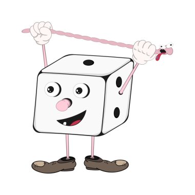 Ayakkabı gözleri, kolları ve bacakları ile Komik karikatür zar küp bir solucan uzunluğu uzanır.