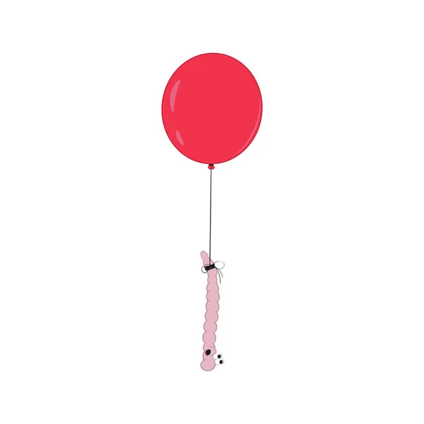 Komik karikatür pembe toprak solucanı kırmızı bir balon üzerinde uçan. — Stok Vektör
