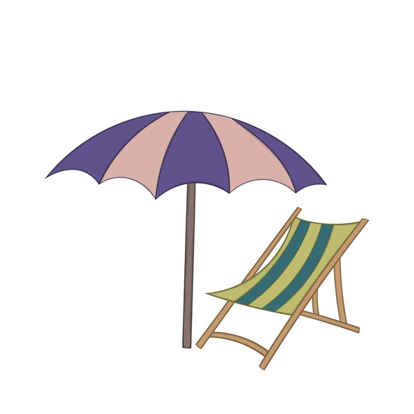 Cadeira de praia e guarda-chuva. Isolado ilustração em um fundo branco em estilo cartoon. Elemento de projeto . —  Vetores de Stock