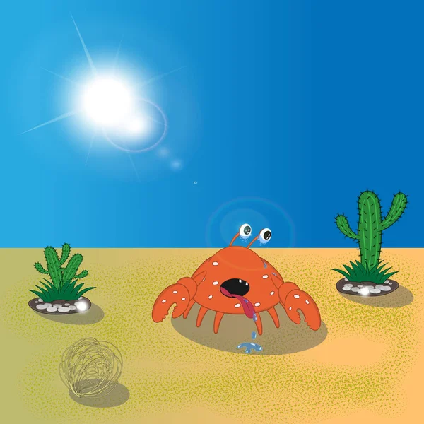 Caranguejo dos desenhos animados andando no deserto e suando sob os raios quentes do sol —  Vetores de Stock
