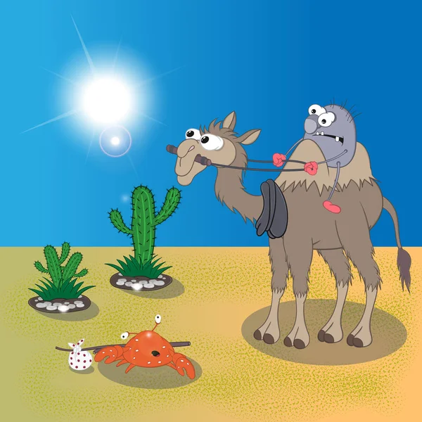 Bir karikatür deve binici çölde bir güneş çarpması bayıldı bir yengeç karşılar. — Stok Vektör