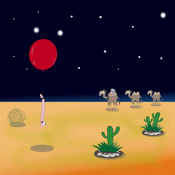 Gusano de dibujos animados volando en un globo en la noche bajo las estrellas en el desierto y en la distancia hay una caravana de camellos — Archivo Imágenes Vectoriales