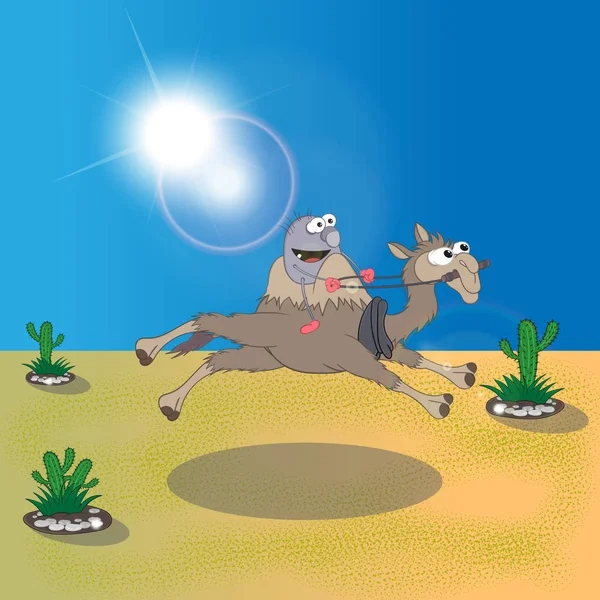 Karikatür binici güneşin sıcak ışınları altında kaktüsler arasında çölde bir deve sürme — Stok Vektör