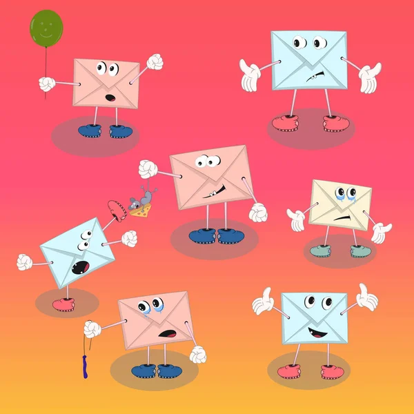 Conjunto de personagens de desenhos animados vetoriais envelope com olhos em um fundo colorido para o projeto — Vetor de Stock