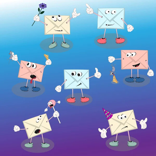 Set van vector cartoon karakters envelop met ogen op een blauwe achtergrond voorontwerp — Stockvector