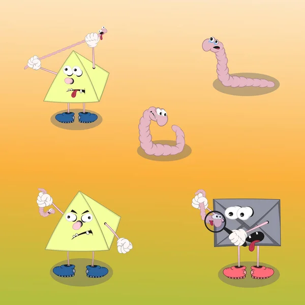 Ensemble de personnages de dessins animés vectoriels ver, pyramide et enveloppe montrent différentes émotions sur un fond jaune . — Image vectorielle