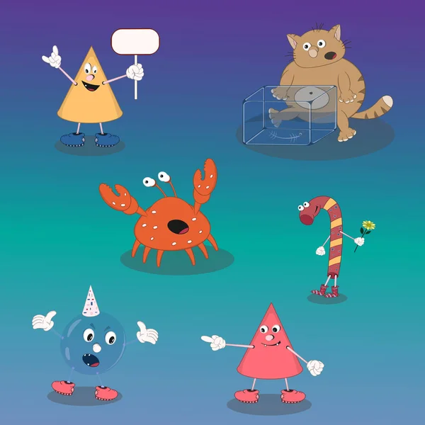 Набор векторных персонажей мультфильма конфеты, крабы, кошки, конусы, конфеты на красочном фоне. Конкурс на дизайн . — стоковый вектор