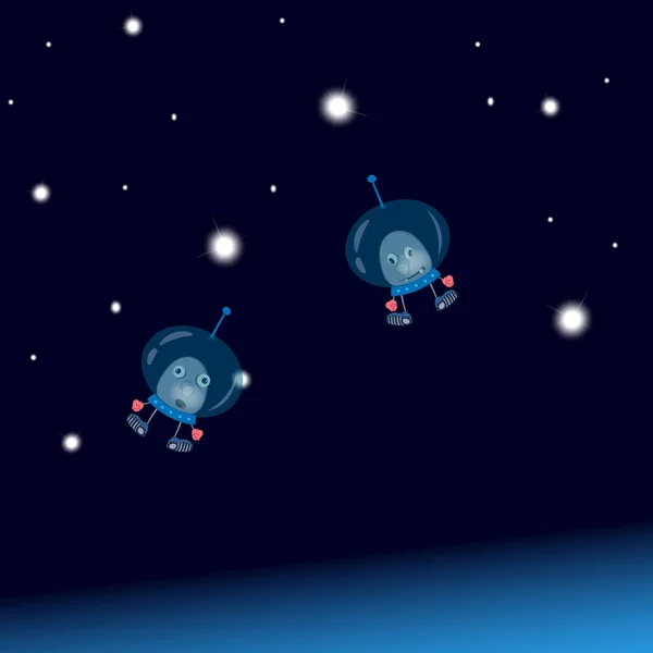 uzay giysili iki küçük komik karikatür astronotlar yıldızlar arasında uzayda sinek.