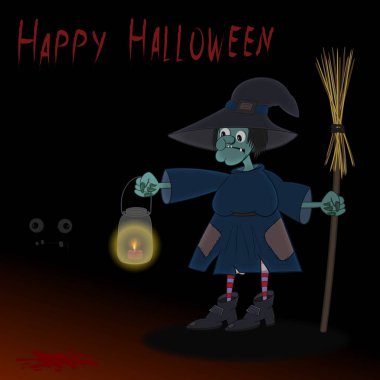 Şapkalı ve süpürgesi olan bir cadı elinde bir fener taşır ve karanlıkta yolunu aydınlatır ve yerde kan görür. Ve karanlıkta iki göz parlıyor. Cadılar Bayramı illüstrasyonu. Raster versiyonu.