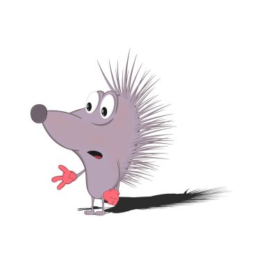 küçük bir karikatür kirpi ayakta ve şaşkın ve şaşırmış bakıyor. Beyaz arka planda yalıtılmış.