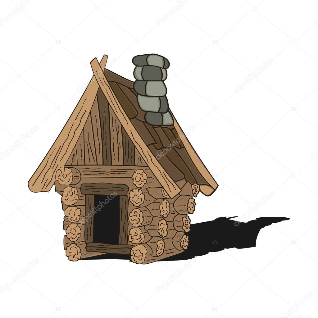 Wooden house made of logs and stone chimney. Isolated on white background with shadow.