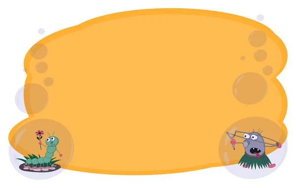 Frame voor tekst en notities met stripfiguren Caterpillar en Stone met een katapult op een gele achtergrond in bubbels. Vector voor banners of kaarten over verschillende onderwerpen. — Stockvector