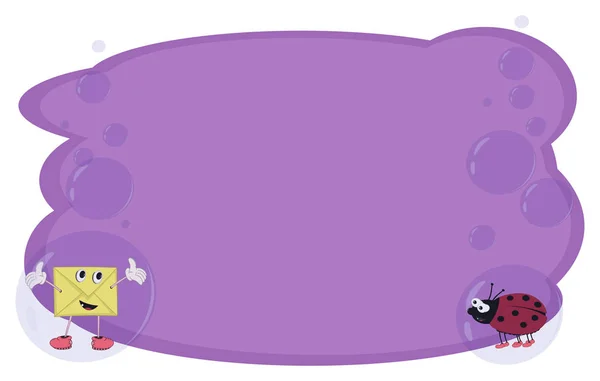 Bingkai untuk teks dan catatan dengan karakter kartun amplop dan ladybug pada latar belakang ungu dalam gelembung. Vektor untuk banner atau kartu pada topik yang berbeda . - Stok Vektor