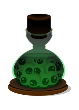 Gözleri olan deneysel örnekleri depolamak için yeşil yuvarlak cam laboratuvar kabı. Vektör çizimi. Beyaz arkaplanda izole et.