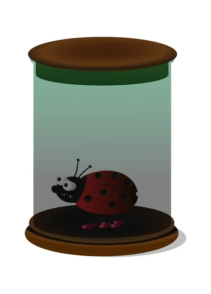 Glazen laboratoriumcontainer voor de opslag van experimentele monsters met een lieveheersbeestje erin. Vector illustratie. Isoleer op een witte achtergrond. — Stockvector