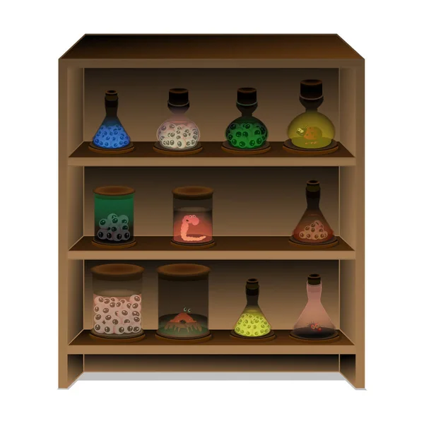 Deneysel örnekler depolamak için cam laboratuvar kapları olan bir dolap. Vektör çizimi. Beyaz arkaplanda izole et.