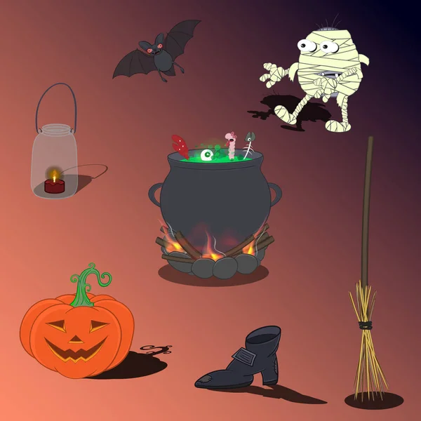 Conjunto de artículos para Halloween. Calabaza, linterna, bate, caldero, escoba, momia, trae una bota. Ilustración vectorial . — Archivo Imágenes Vectoriales