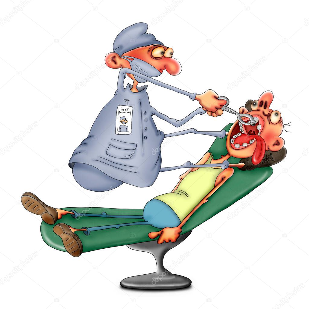The dentist removes the patient s bad tooth. Cartoon caricature on a white background..