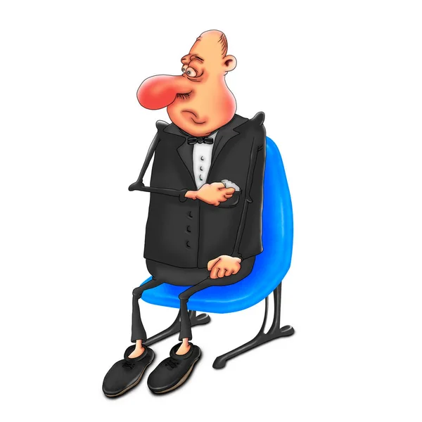 Homem Fato Negócios Senta Numa Cadeira Tira Lenço Bolso Desenhos — Fotografia de Stock