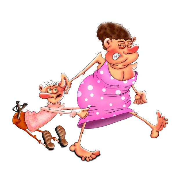 Kızgın bir kadın, kabadayı bir çocuğu kulağından sapanla sürüklüyor. Beyaz arkaplanda çizgi film çizimi..