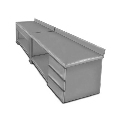 Çelik uzun mutfak masası. Beyaz bir arkaplanda resim..