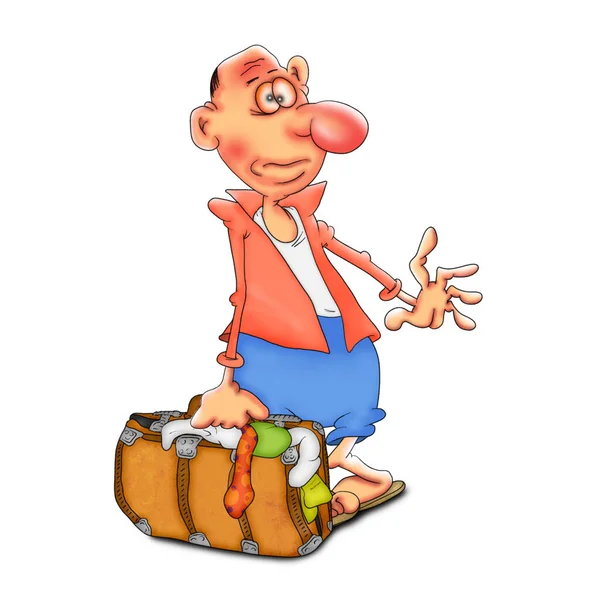 Bir çanta dolusu eşyası olan bir erkek turist. Beyaz arkaplanda karikatür..