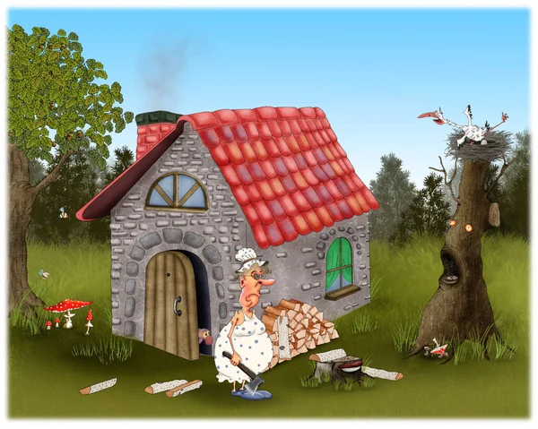 穿着睡衣戴着帽子的有趣的祖母在她的森林房子附近砍柴 童话书插图 — 图库照片