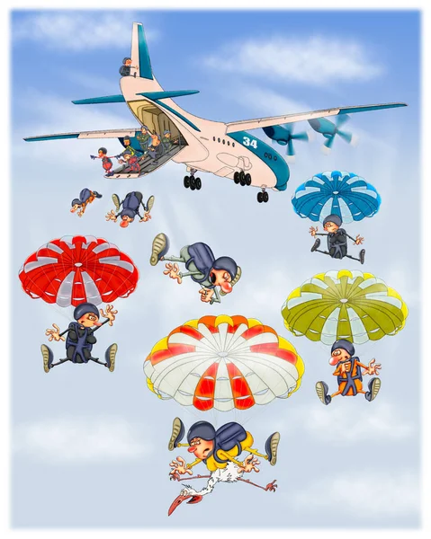 Pára Quedistas Saltam Avião Pára Quedas Ilustração Das Crianças Alegres — Fotografia de Stock