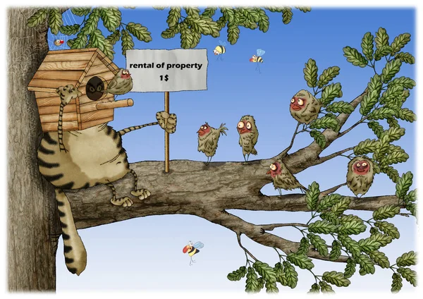 Ağaçtaki kedi serçeler için bir kuş evi sunuyor. Karikatür çizimi..