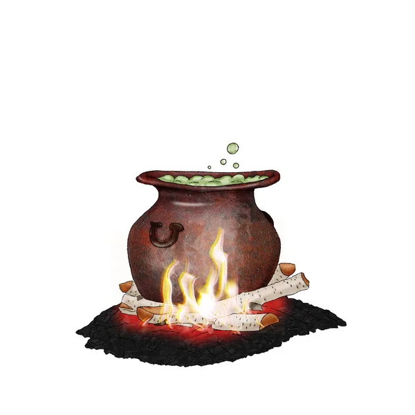 Een Heksenketel Die Kookt Boven Een Vuur Illustratie Voor Halloween — Stockfoto