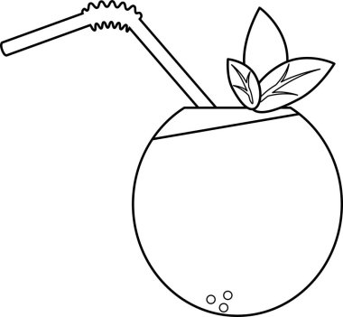 Parti veya tatil için nane ve saman ile Hindistan cevizi taze yaz kokteyli, beyaz arka planda siyah anahat