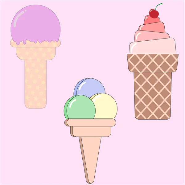 淡いピンクの背景に設定されたおいしい カラフルで明るいアイスクリームワッフルコーンセット — ストックベクタ