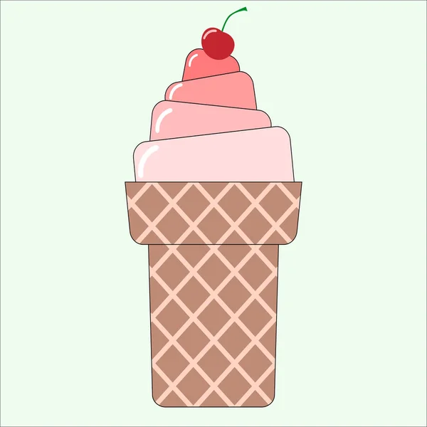 薄緑色の背景のボタンにチェリーとワッフルコーンのカラフルなアイスクリーム — ストックベクタ