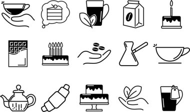 Kahve ve çay simgeleri seti. Kahve veya çay, farklı doğum günü pastaları, çikolata ve eller içeren.