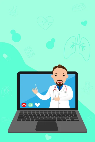 Doktor online na vašem notebooku. Online medicína, konzultace a diagnostika koncepce. Mužský terapeut přes smartphone. Web banner pro lékařskou aplikaci. Zeptejte se lékaře online. Pomoc a podpora. Vektorová ilustrace — Stockový vektor