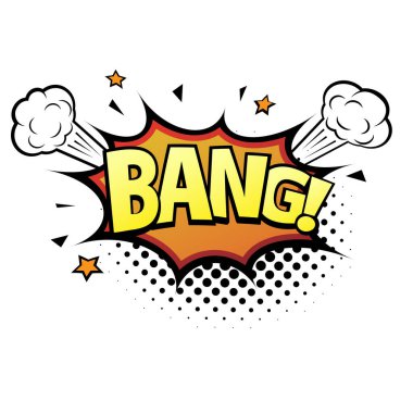 Çizgi roman harfleri Bang. Duygusal metni olan komik bir konuşma balonu. Beyaz arka planda izole edilmiş retro pop sanatının parlak dinamik çizgi film çizimi. Çizgi roman metin ses efektleri
