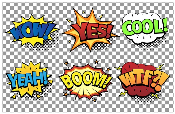 Komik konuşma baloncukları farklı duygularla ayarlanmış ve Vay canına, evet, evet, Boom, Wtf. Şeffaf arkaplanda izole edilmiş retro pop sanat tarzındaki parlak dinamik çizgi film çizimleri