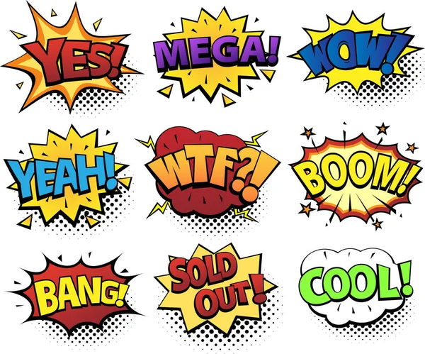 Evet, Mega, WoW, Evet, WTF, Boom, Bang, Satıldı, Harika. Beyaz arkaplanda izole edilmiş retro pop sanat tarzında parlak dinamik karikatür çizimi