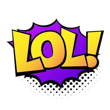 Çizgi roman harfi vay canına. Duygusal metin LOL ile komik konuşma balonu. Beyaz arka planda izole edilmiş retro pop sanat tarzında parlak dinamik karikatür çizimi. Çizgi roman metin ses efektleri
