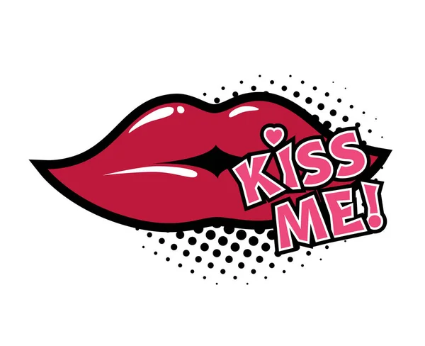 Comic lettering Kiss Me. Comic speech bubble with emotional text Kiss Me. Bright dynamic cartoon illustration in retro pop art style isolated on white background. Comic text sound effects