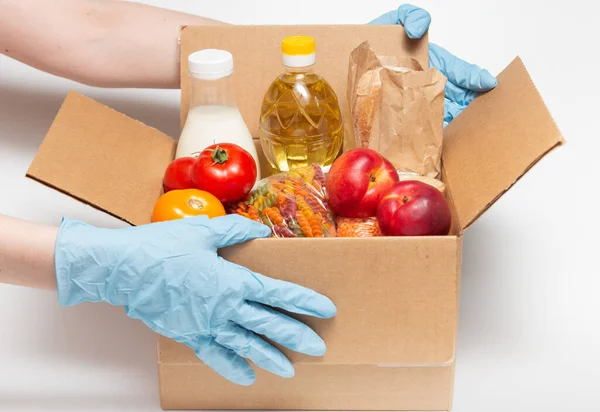 Person Latex Gloves Has Holding Box Ordered Goods Safe Food — Stock Photo, Image
