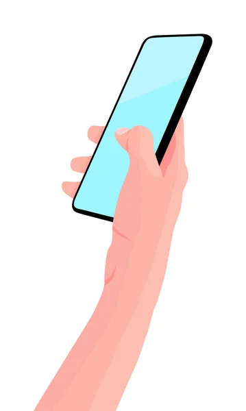 手机在手。女人拿着黑色智能手机手指触摸屏幕。复制空间为您的文字。矢量图解，白色背景 — 图库矢量图片